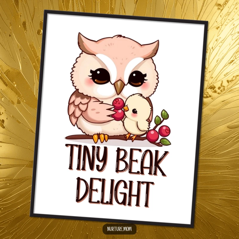 Funny kawaii owl mom gently feeding a tiny chick a berry, rendered as a heartwarming and delicate digital art print.