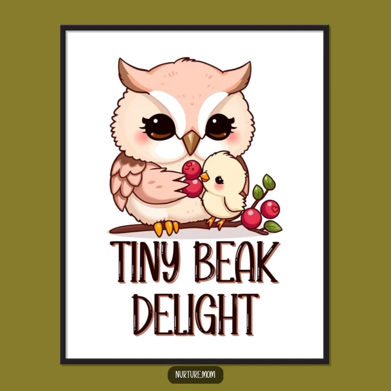 Funny Kawaii Owl Mom Digital Art Print: Tender Feeding Art Decor