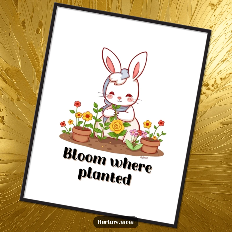 Funny Kawaii Rabbit Mom Digital Art Print: A cheerful bunny mom tending a small blooming garden, humorous and cute artwork.