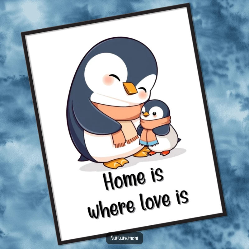 Funny mama penguin helps her chick put on a small scarf, a heartwarming digital art print for instant decor.