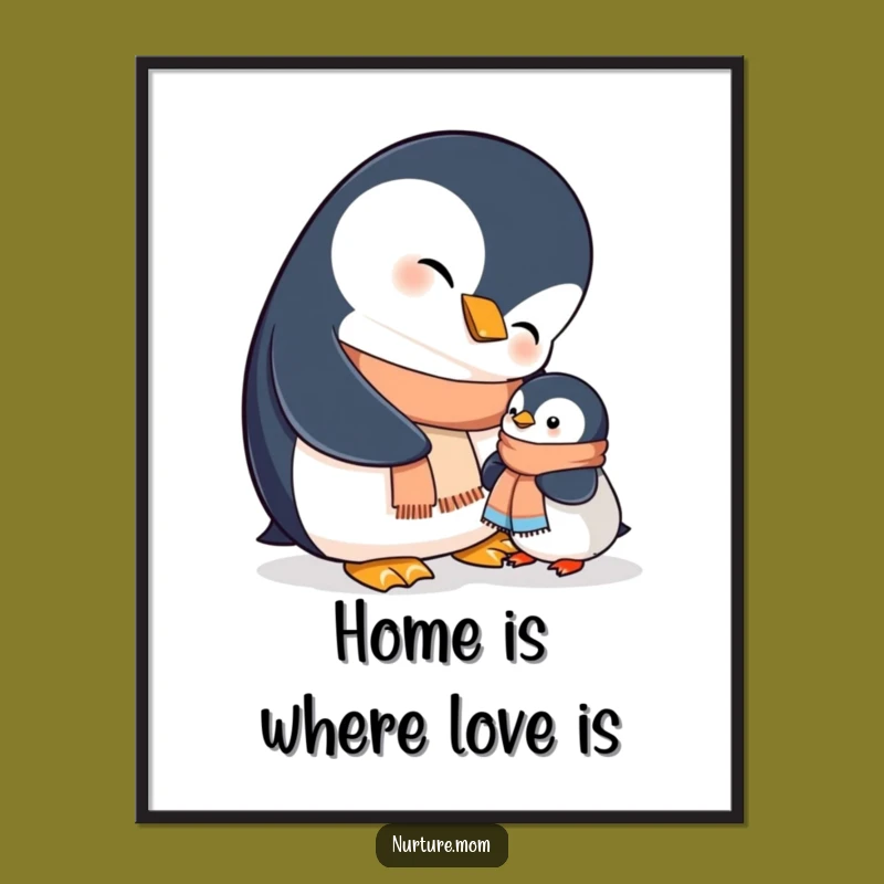 Funny Mama Penguin Helping Chick Scarf Print - Instant Download