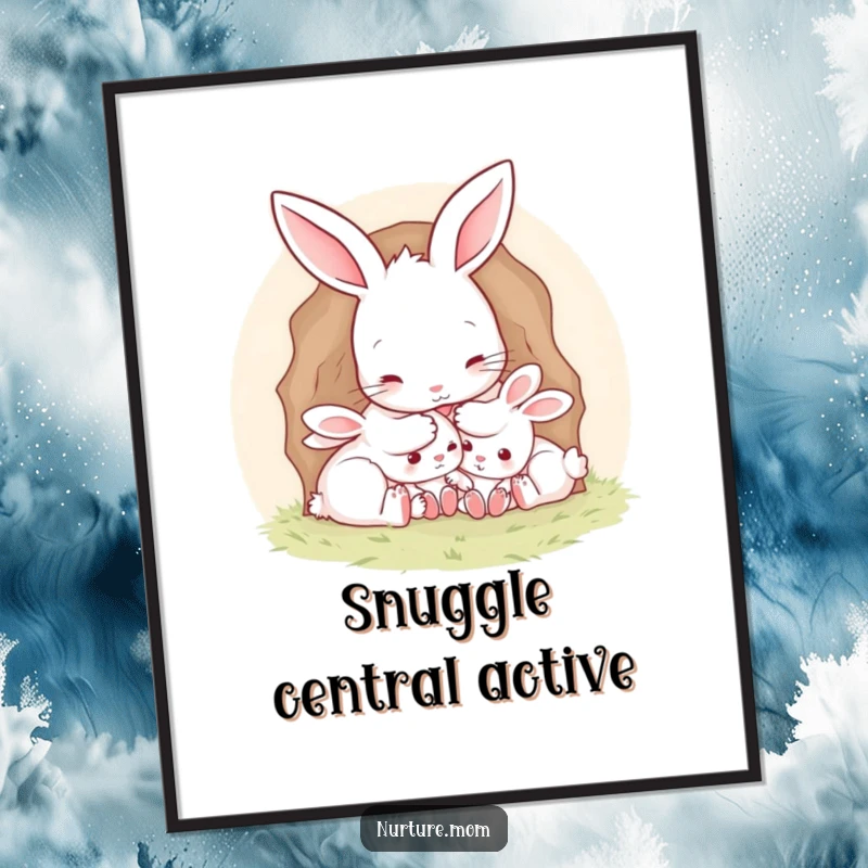 Funny Mother Rabbit Art Print: Digital artwork of a mother rabbit tucking her young into a burrow, for peaceful decor.