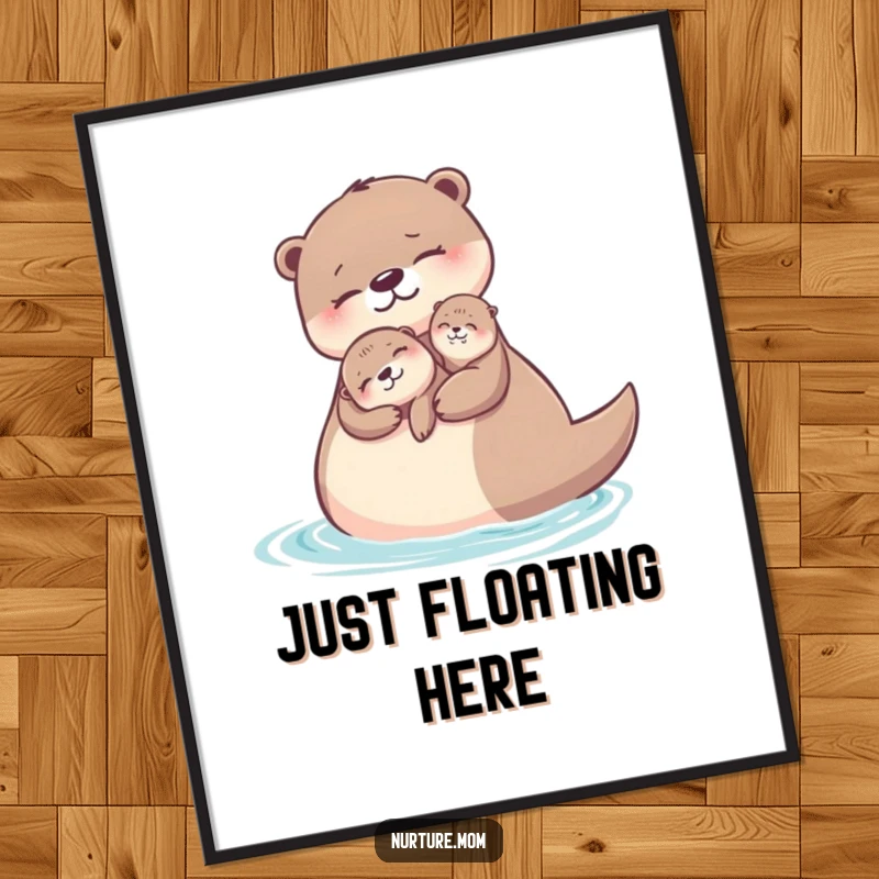 Funny otter mom digital art print of a mother otter floating with her pup, radiating happiness.