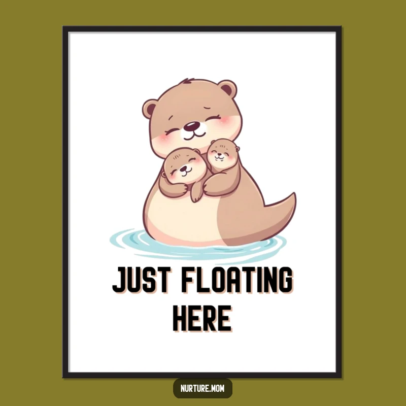Funny Otter Mom Digital Art: Adorable Pup Floating Art Print