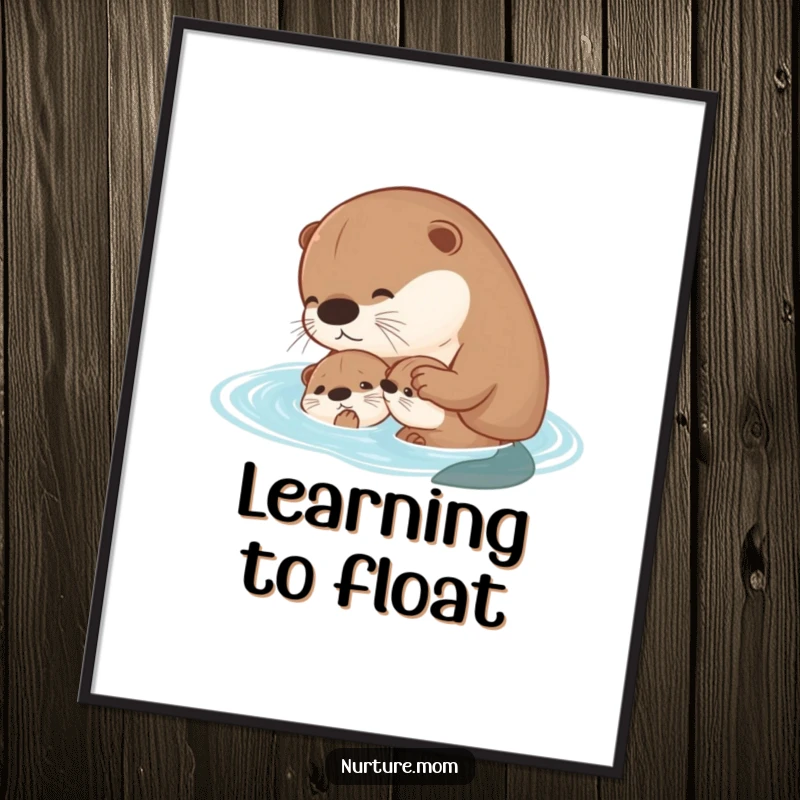 Funny kawaii mother otter teaching her pup to swim digital art file, ready for printing.
