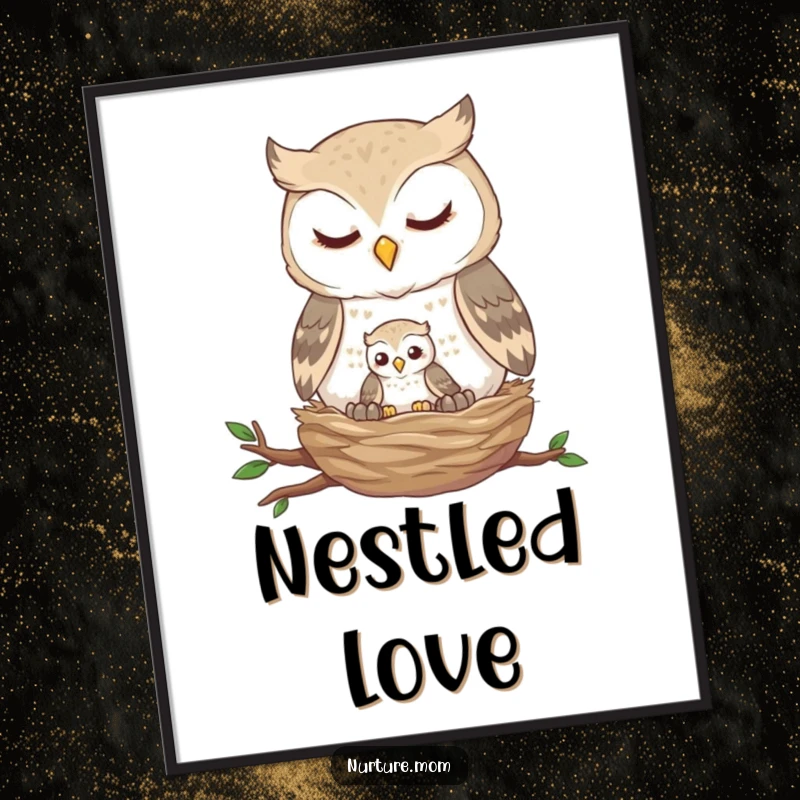 Funny owl nest digital art print of a gentle owl feeding a tiny fledgling, ideal for instant, serene wall decor.