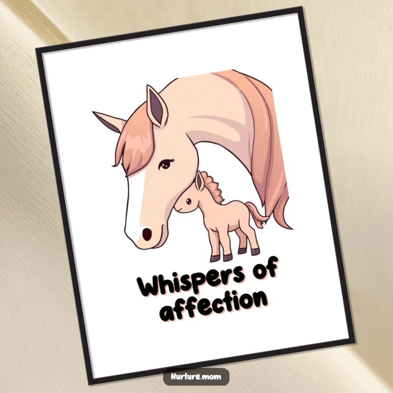 Digital Art Print of a mother horse gently nudging her foal, conveying tenderness and affection.