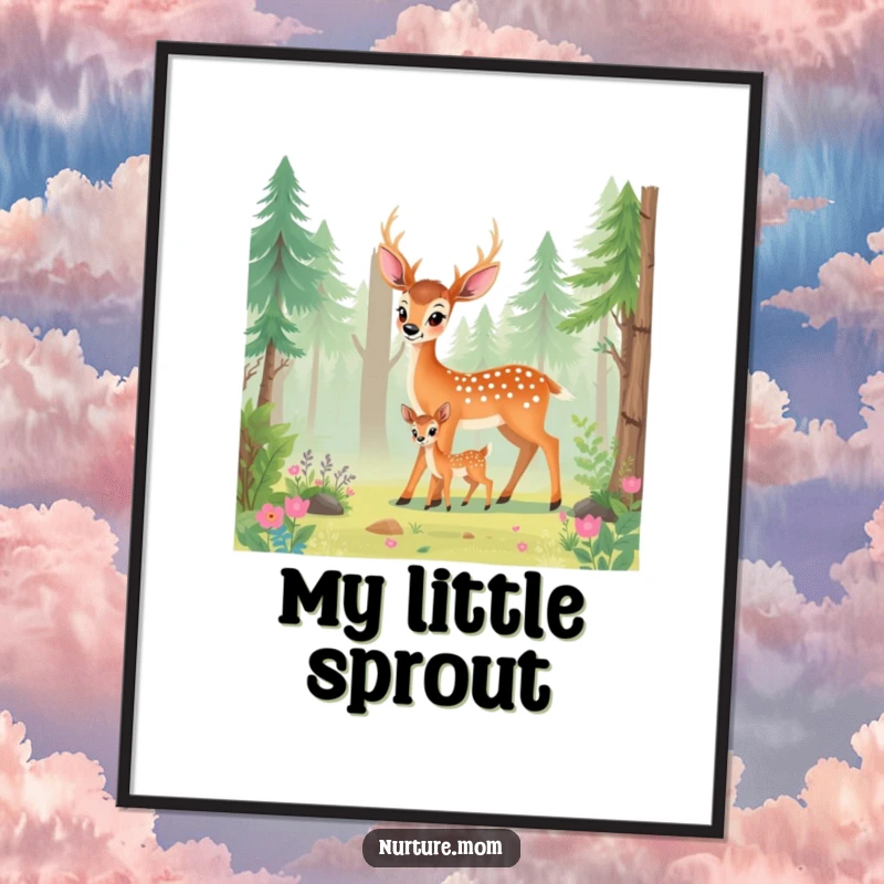 Funny deer mom digital art print capturing a serene doe guiding her fawn through a magical forest.