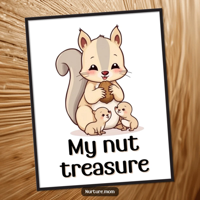 Funny squirrel mom digital art print of a mother squirrel sharing nuts with her young, radiating cuteness.