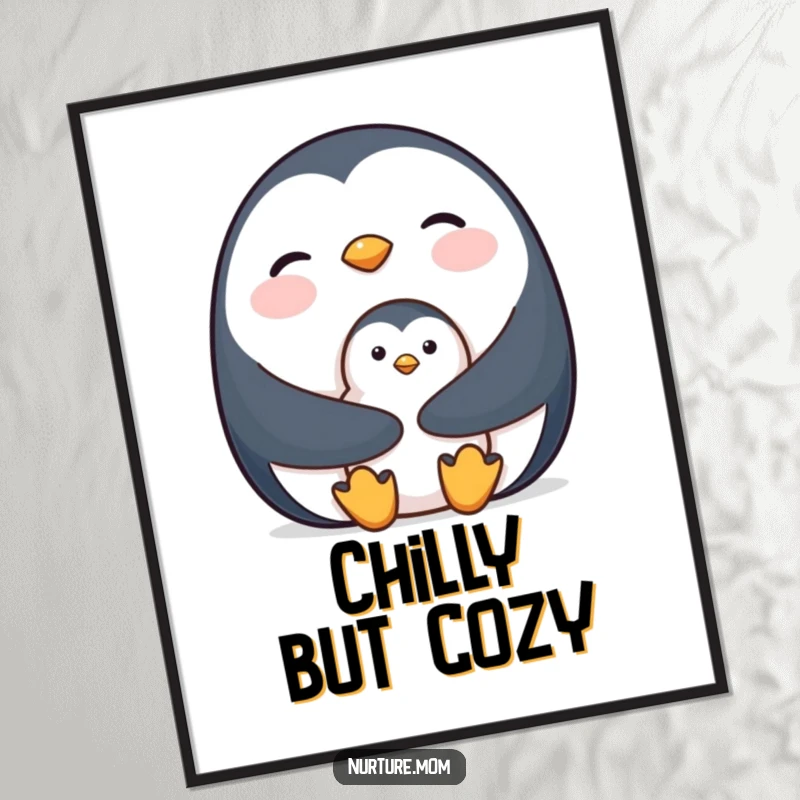 Digital Art Print of a mother penguin holding her fluffy chick close for warmth.