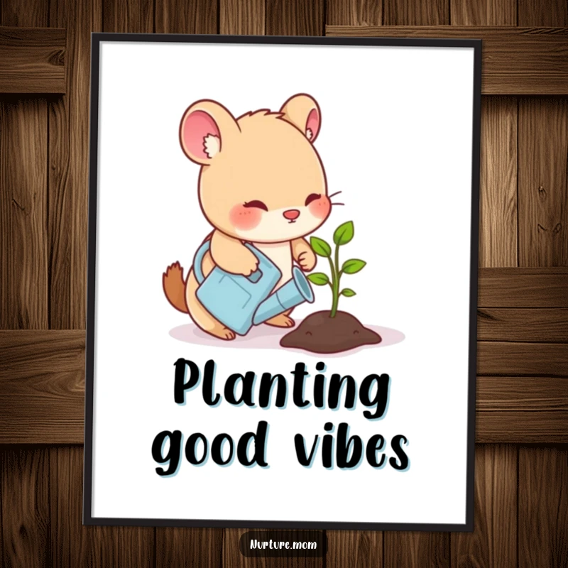 Funny digital art print of a small animal gently watering a sprouting seedling with a watering can, perfect for nature decor.