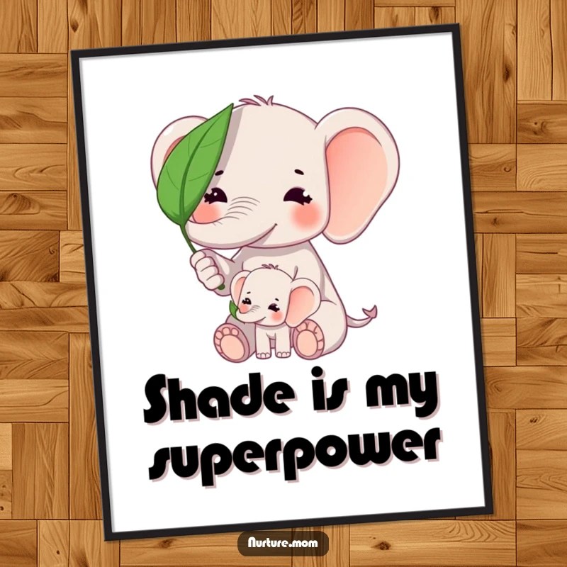 Funny kawaii elephant mom shielding baby elephant from sun with a leaf on a printable digital art file.