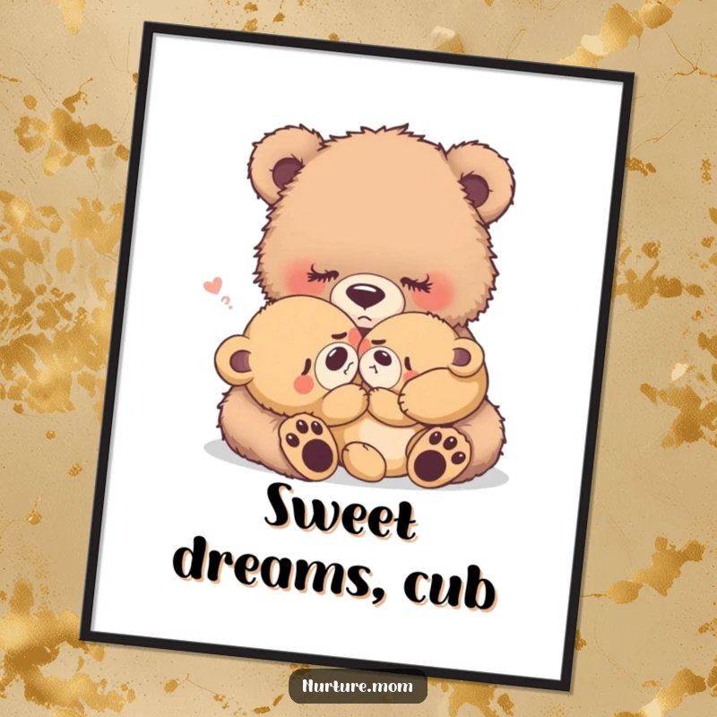 Funny fuzzy bear mother rocking a crying baby bear, instant download wall art, heartwarming nursery decor.