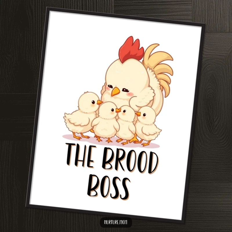 Funny mother hen and chicks digital art print, capturing a tender moment of love and care, humorous and heartwarming decor.