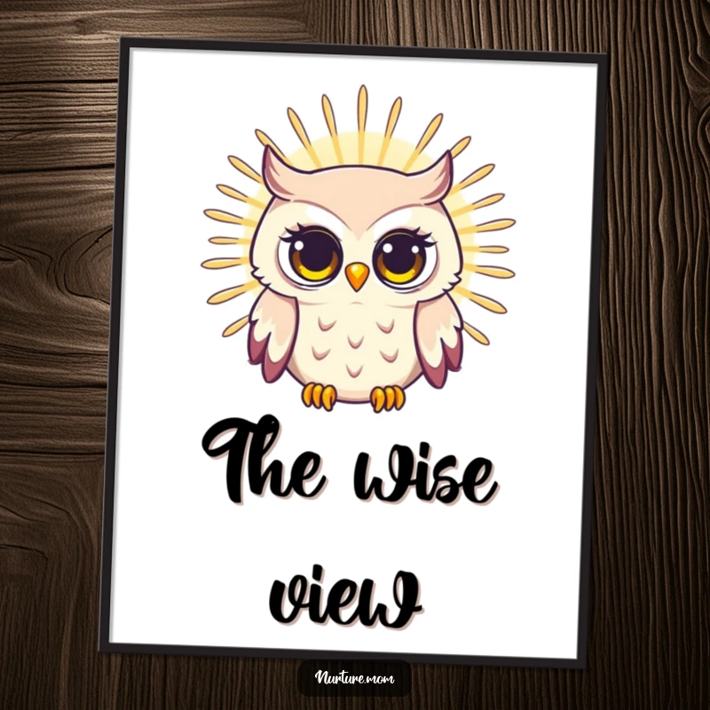 Funny digital art print of a radiating owl mom with a bright, wise gaze, offering instant humorous and wise wall decor.
