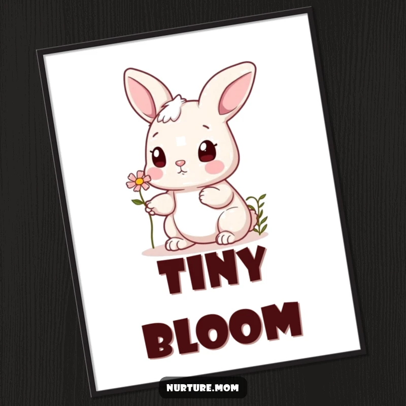 Funny bunny digital art print of a cute rabbit offering a tiny flower to a friend, perfect for instant, charming wall decor.