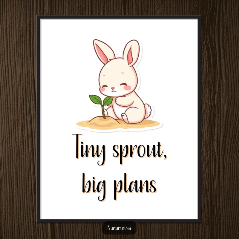 Funny digital art print of a small bunny character gently patting a tiny sprout, a humorous and charming illustration for instant decor.