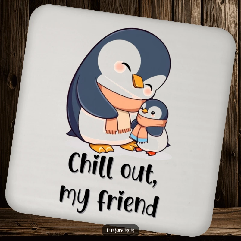 Funny mama penguin assists her chick with a tiny scarf on this charming and protective drink coaster.