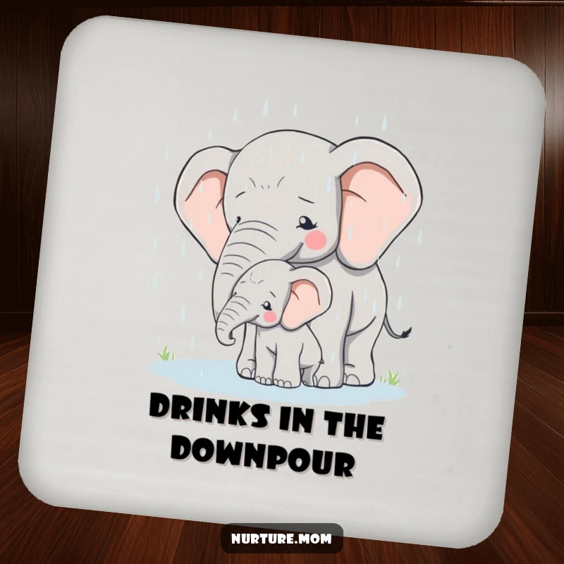 Coaster set with a mother elephant protectively shielding her calf from the rain, symbolizing care.