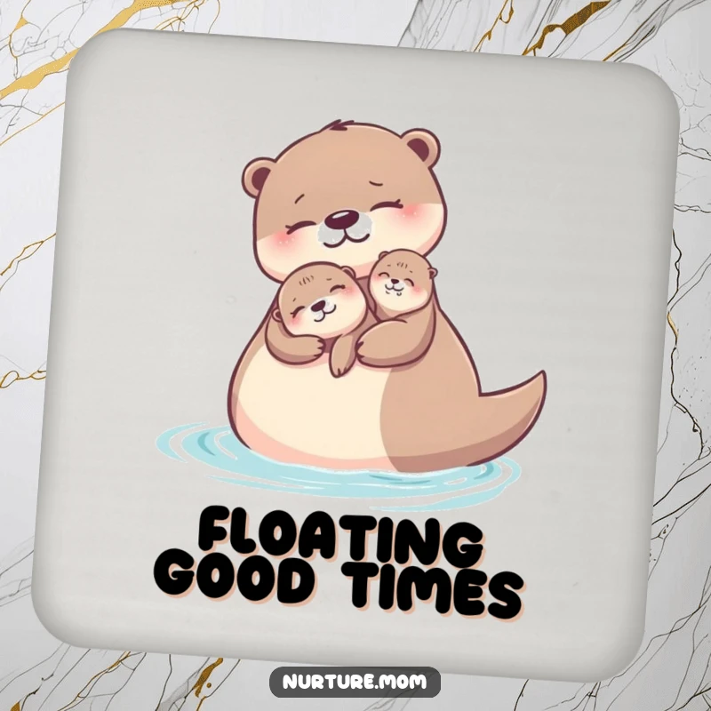 Funny otter mom coasters featuring a mother and baby otter floating on water, adding cute decor.