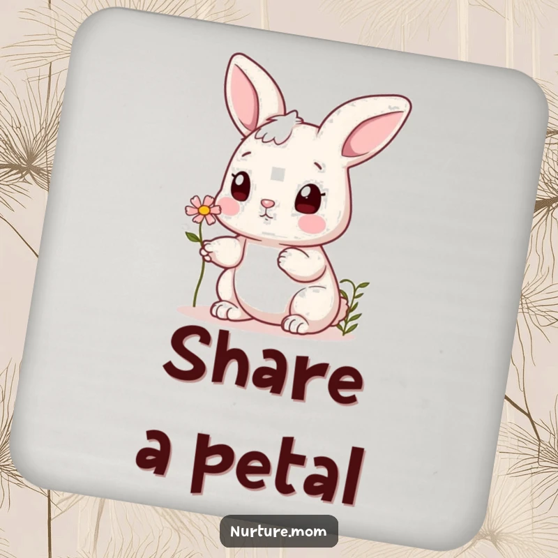 Funny bunny drink coasters showing a cute rabbit offering a tiny flower to a friend, protecting surfaces with charming artwork.