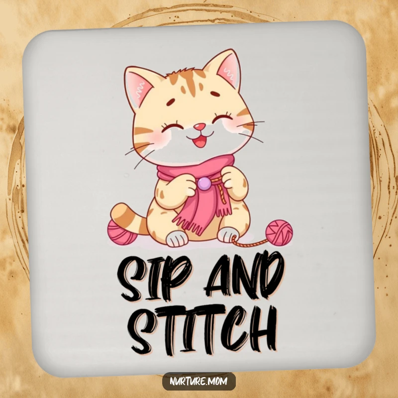 Funny cat knitting drink coasters showing a smiling cat making a tiny scarf, protecting surfaces with cozy artwork.