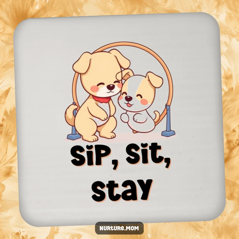Funny set of drink coasters with a kawaii dog mom patiently guiding a puppy through a hoop, celebrating training.