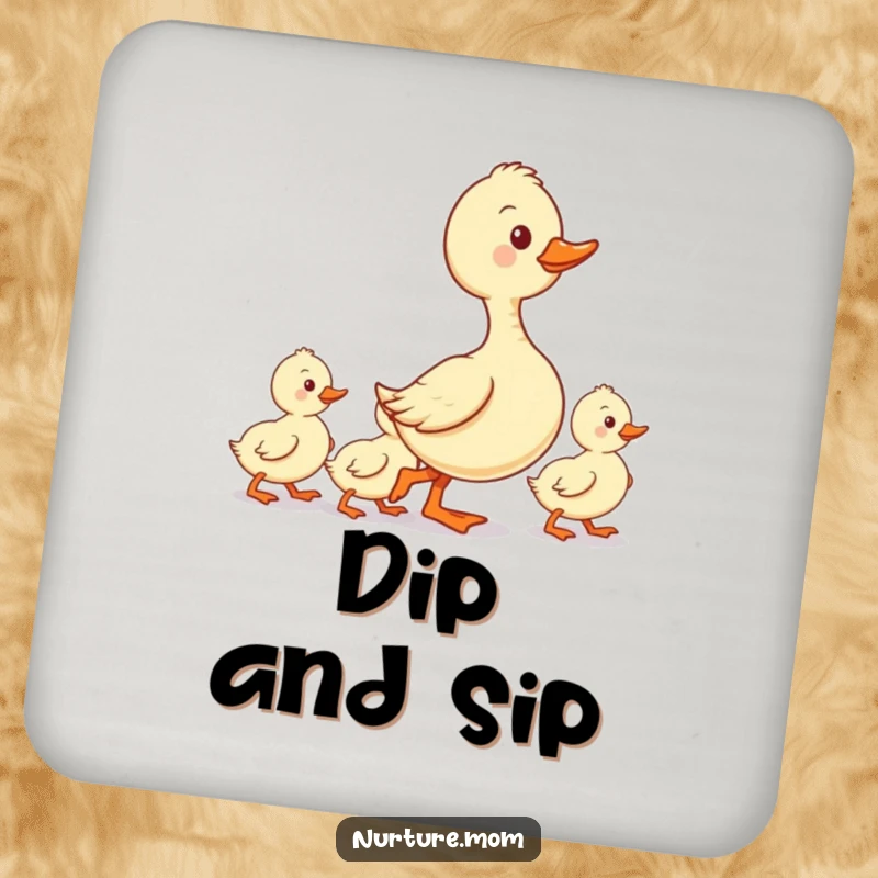 Funny set of drink coasters with a kawaii duck mom leading her ducklings in a neat line, symbolizing order.