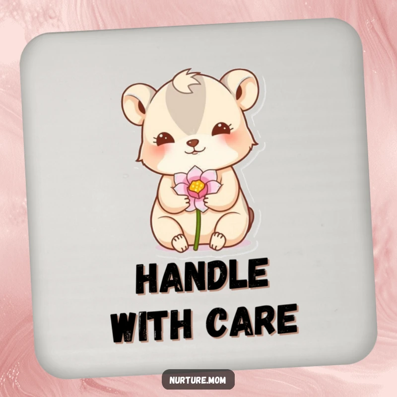Funny coasters set with a small animal gently cradling a delicate flower bud in a nurturing gesture, protecting tables.