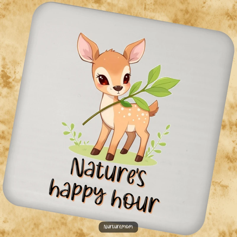 Funny Deer Nourishment Coasters featuring a small deer offering a leafy branch, protecting surfaces with natural humor.