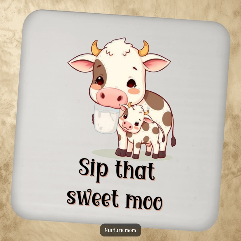 Funny! Set of drink coasters featuring a contented cow mom character offering milk to her calf, bringing farmyard charm and humor.