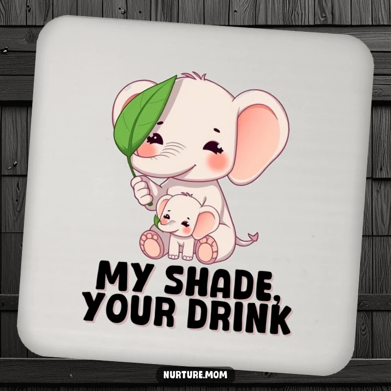Funny kawaii elephant mom shielding baby elephant from sun with a leaf on a protective drink coaster.