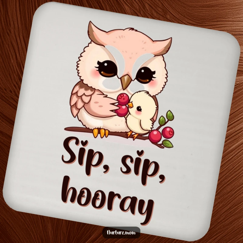 Funny kawaii owl mom gently feeding a tiny chick a berry, serving as a heartwarming and humorous drink coaster.