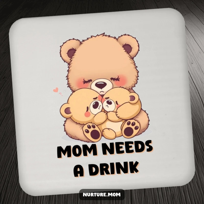Funny fuzzy bear mother rocking a crying baby bear, cute coasters, adds warmth to home decor.
