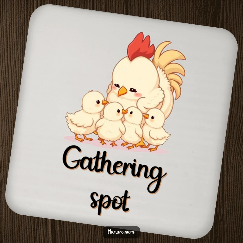 Funny mother hen coasters featuring a hen and her fluffy chicks, a cute and humorous set to protect tables from drinks.
