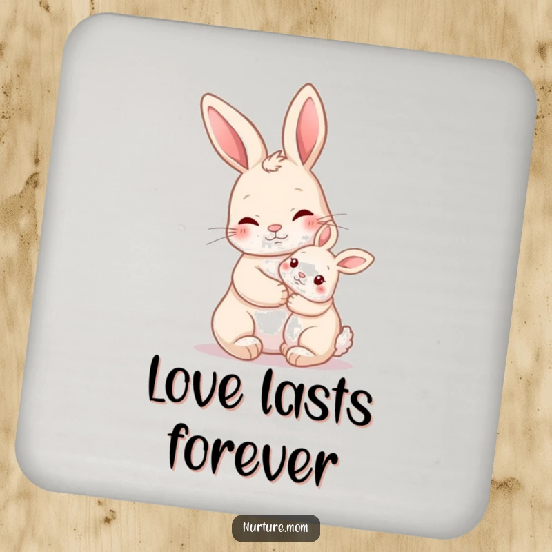 Funny Nurturing Rabbit Hug Coasters featuring a mother rabbit holding a baby bunny close, protecting surfaces with gentle humor.