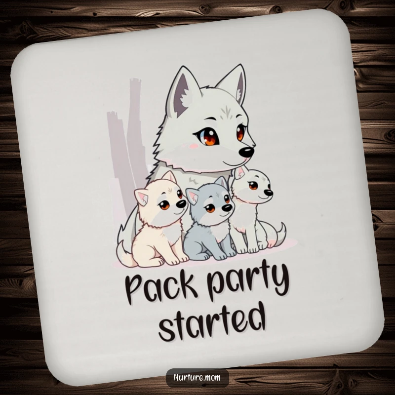 Funny wolf mom coasters featuring a protective mother wolf and her pups, ideal for home decor.
