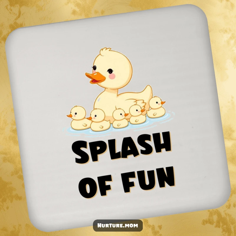 Funny kawaii mama duck and ducklings design on a protective drink coaster.