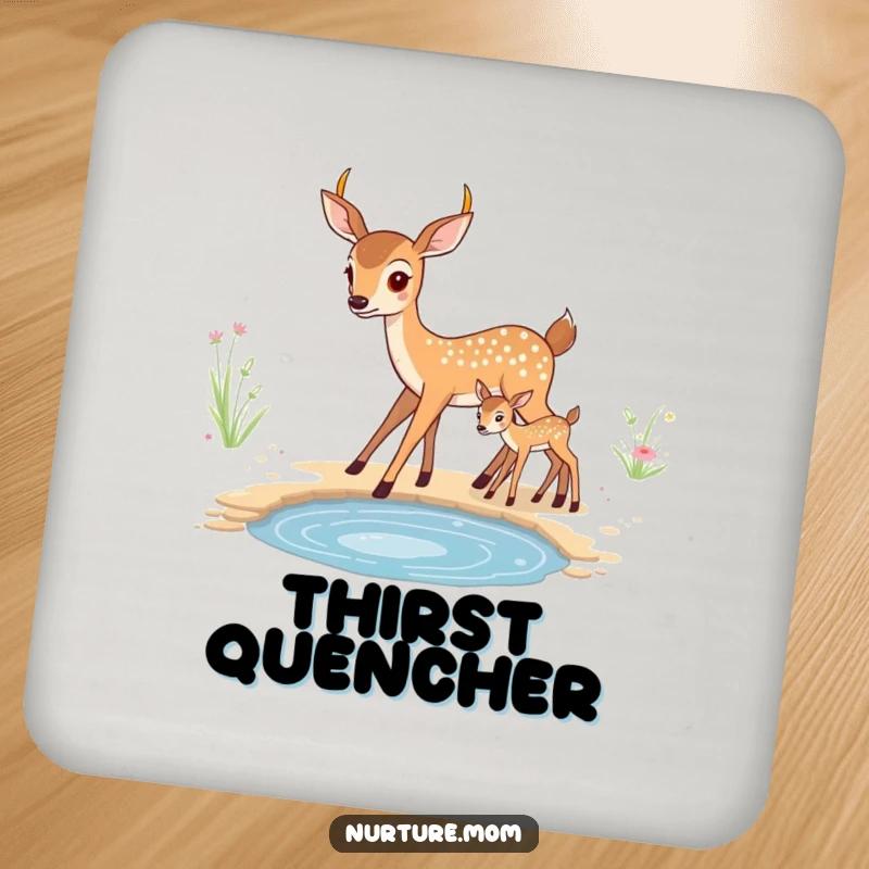 Funny kawaii mother deer and fawn design on a protective drink coaster.