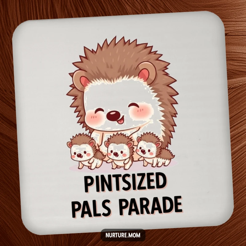 Funny hedgehog coasters showing a mother guiding her tiny siblings, a cute and humorous set to protect furniture from drinks.