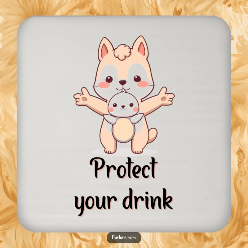 Funny animal with outstretched arms protecting a small creature, adding gentle humor to coasters.