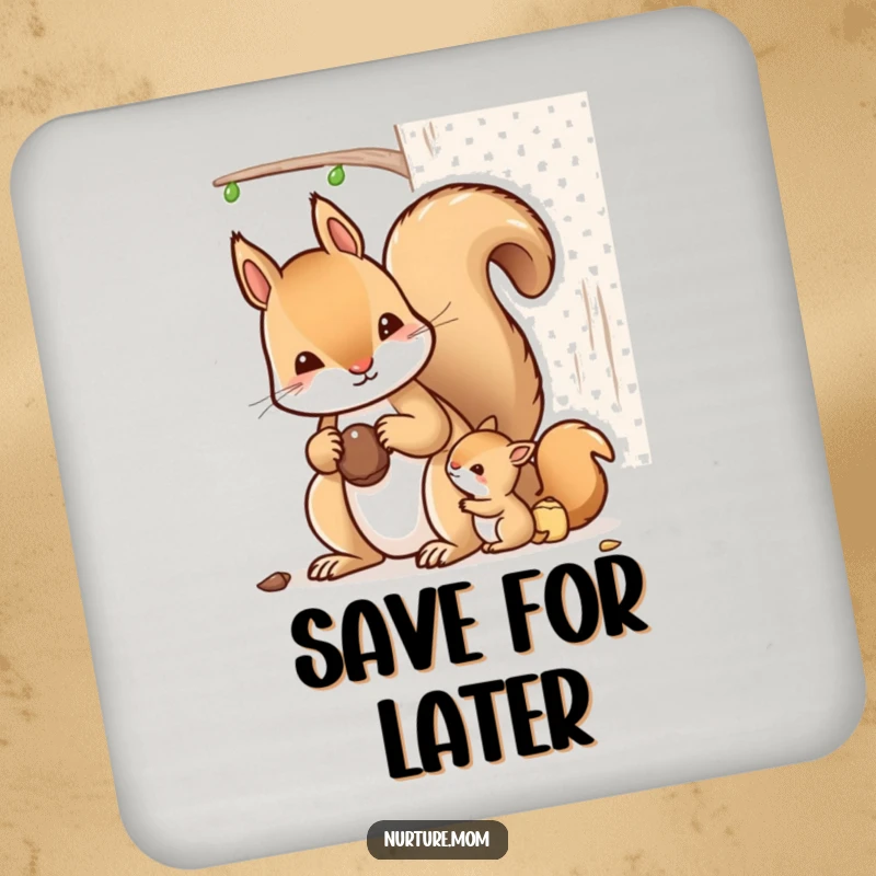 Funny kawaii mother squirrel demonstrating nut storage on a protective drink coaster.