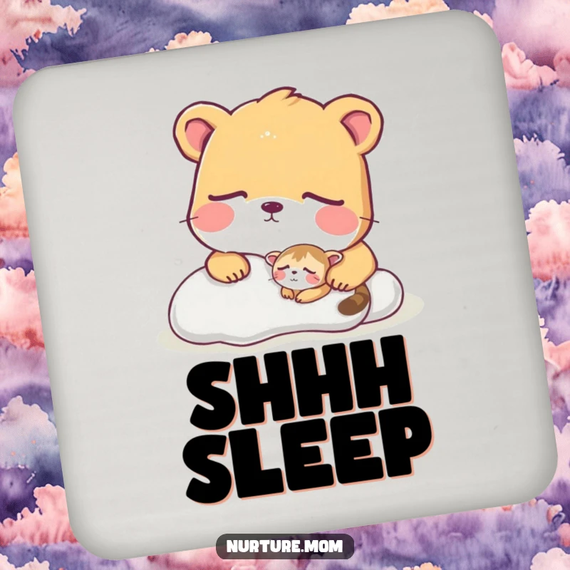 Funny coaster showing a large animal watching a tiny creature sleeping soundly.