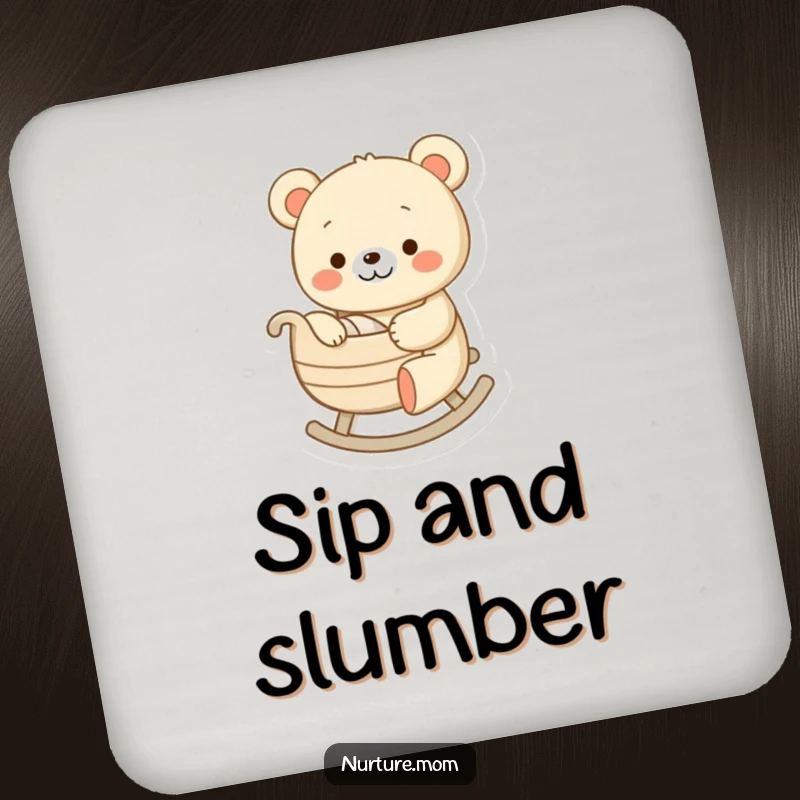 Funny drink coaster with a cheerful bear character gently rocking a tiny cradle, a humorous and protective accessory for tables.