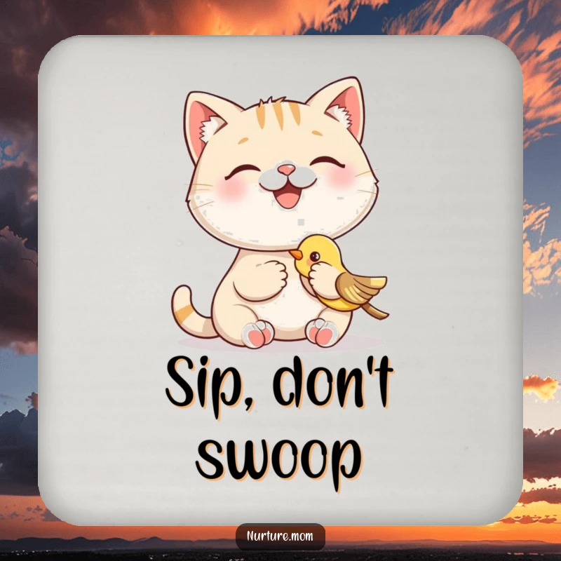 Funny drink coaster with a smiling cat character happily feeding a baby bird, a humorous and protective accessory for tables.