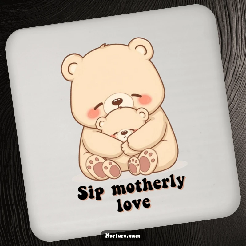 Funny bear coasters featuring a mother bear gently hugging her cub, protecting tables with humor and charm.