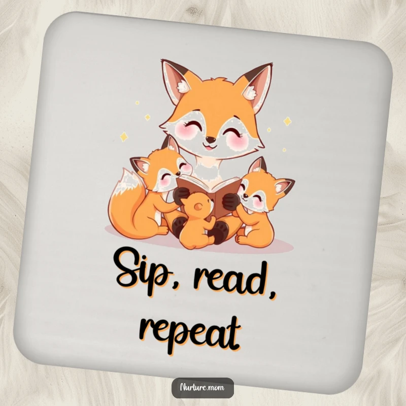 Funny drink coaster with a happy fox mom reading a bedtime story to her cubs, offering protection and charming story magic.