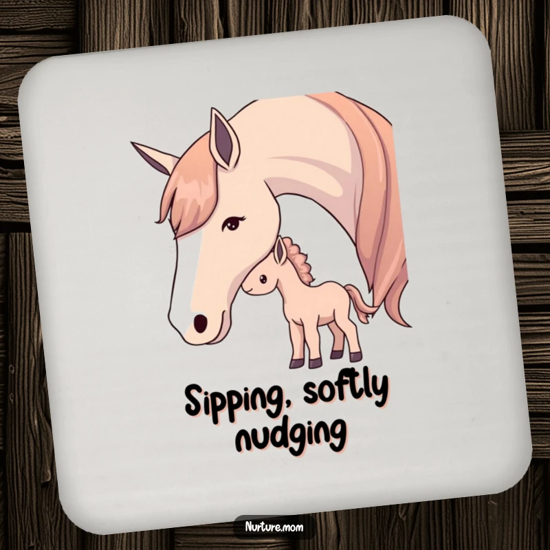 Coaster set featuring a mother horse softly nudging her foal, symbolizing gentle affection.