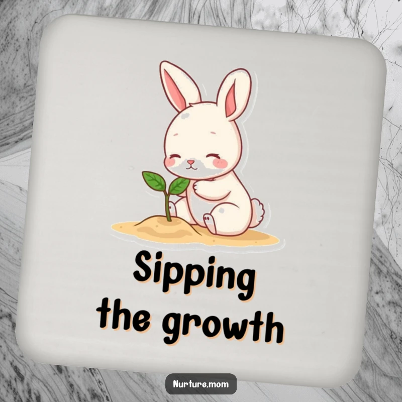 Funny drink coaster featuring a small bunny character gently patting a tiny sprout, a humorous and protective accessory for tables.