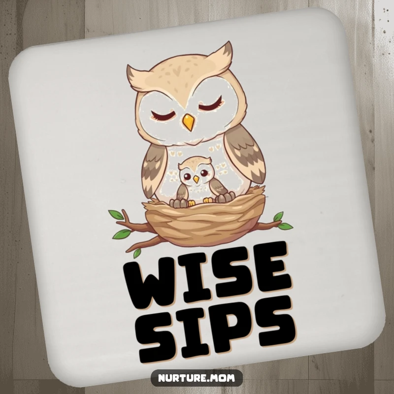 Funny owl nest drink coasters showing a gentle owl feeding a tiny fledgling, protecting surfaces with serene artwork.